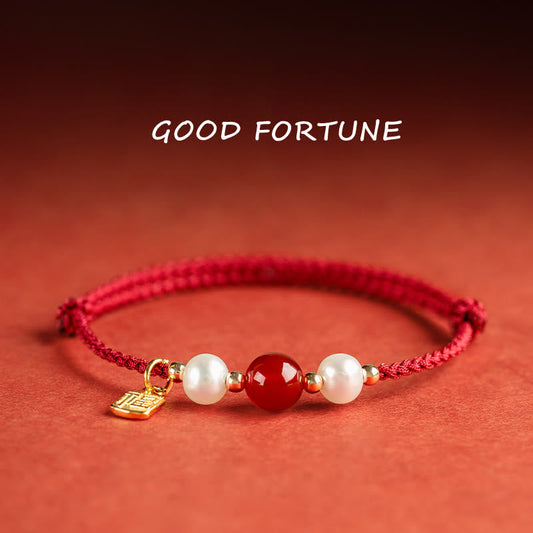 Ancient Tibetan Buddhist Red String Tradition 925 Sterling Silver Good Fortune Fu Character Agate Pearl Red String Braid Bracelet