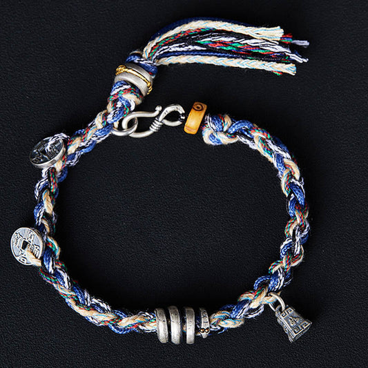 Ancient Tibetan Buddhist Red String Tradition 925 Sterling Silver Coins Scales Charm Handmade Blessing Bracelet