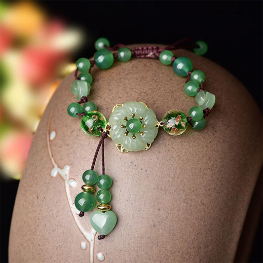 Spirituality Buddha Karma Natural Green Jade Luck Dangling Flower Bracelet