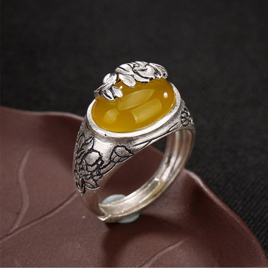 Golden Energy Citrine Silver Wealth Solar Plexus Chakra (Third Chakra) Lotus Blessing Protection Adjustable Ring