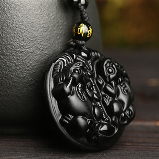 Spirituality Buddha Karma Black Obsidian Double Pixiu Bead Rope Purification Necklace Pendant