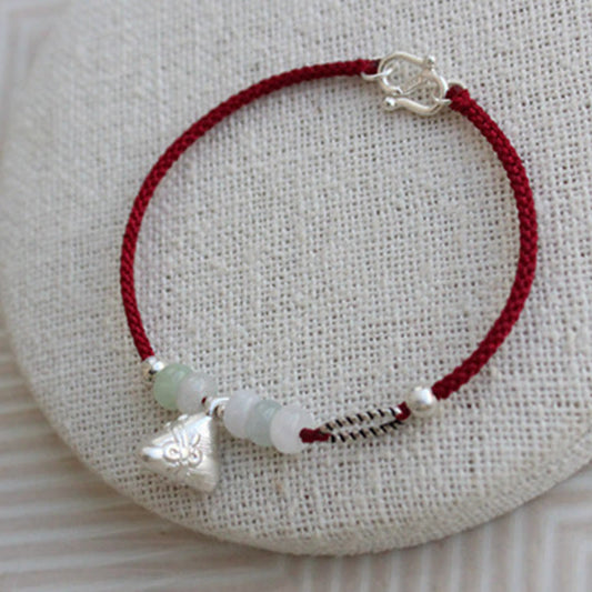 Ancient Tibetan Buddhist Red String Tradition 925 Sterling Silver Jade Red String Zongzi Charm Abundance Bracelet