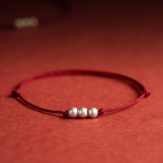 Ancient Tibetan Buddhist Red String Tradition 925 Sterling Silver Three Beads Protection String Bracelet Anklet