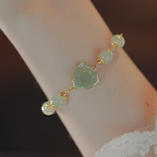 Jade 14K Gold Plated Hetian Jade Rose Flower Luck Chain Bracelet