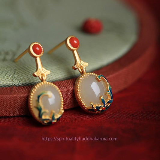 Jade Vintage Jade Red Agate Abundance Copper Drop Earrings