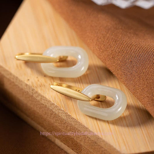 Jade 925 Sterling Silver Round White Jade Happiness Blessing Earrings