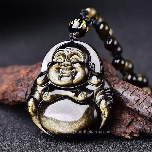 Buddha Energy Necklace Laughing Buddha Gold Sheen Obsidian Wealth Necklace Pendant