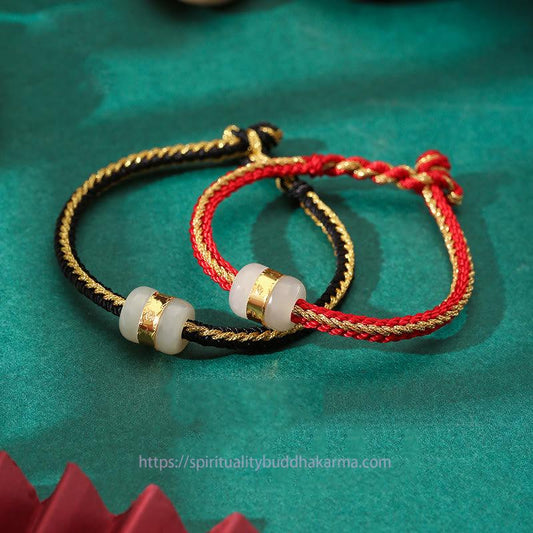 Ancient Tibetan Buddhist Red String Tradition 999 Gold Hetian White Jade Om Mani Padme Hum Fu Character Luck Braided Bracelet