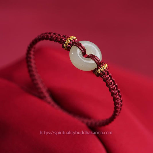 Ancient Tibetan Buddhist Red String Tradition Peace Buckle Jade Abundance Braided Bracelet