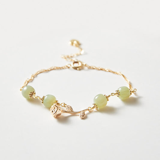 Jade 14K Gold Plated Hetian Jade Golden Rose Flower Luck Chain Bracelet