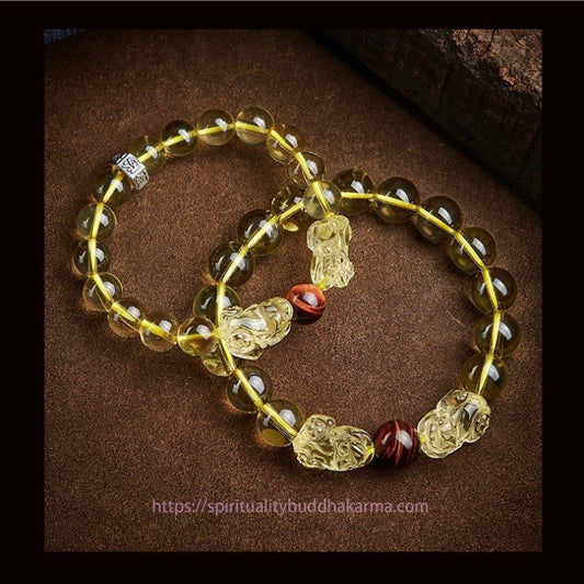Golden Energy Citrine Natural Wealth Solar Plexus Chakra (Third Chakra) Double PiXiu Tiger Eye Prosperity Protection Bracelet