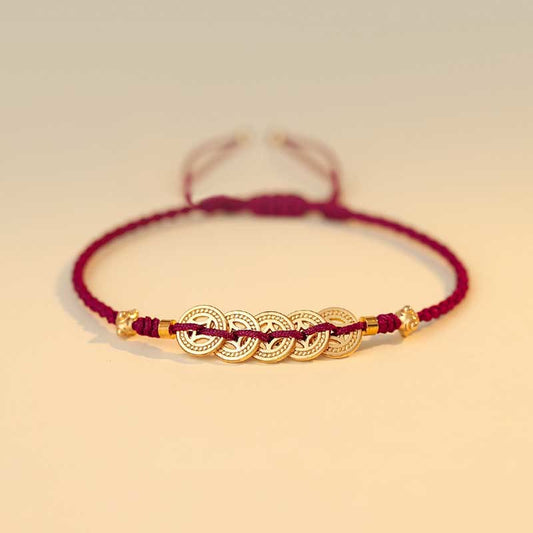 Ancient Tibetan Buddhist Red String Tradition Copper Coin Fortune Tree Luck Strength Braided Bracelet