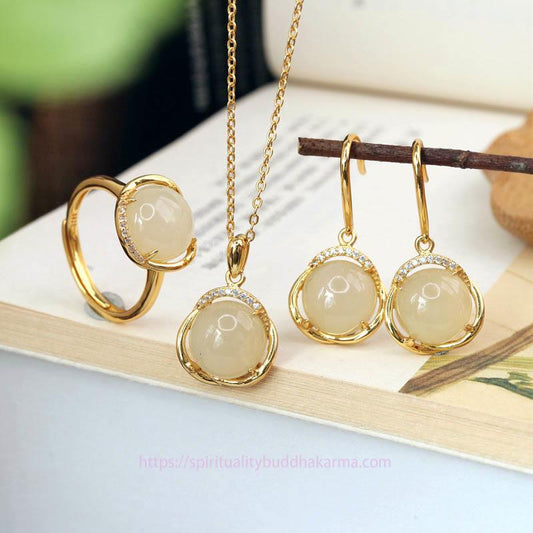 Jade 925 Sterling Silver Natural Hetian White Jade Cyan Jade Protection Necklace Pendant Ring Earrings Set