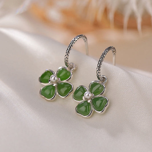 Jade 925 Sterling Silver Natural Cyan Jade Four Leaf Clover Luck Success Earrings