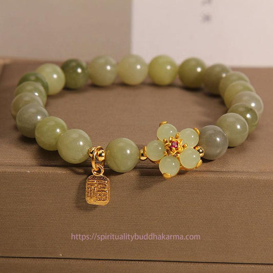 Jade Green Jade Flower Fu Character Charm Luck Bracelet