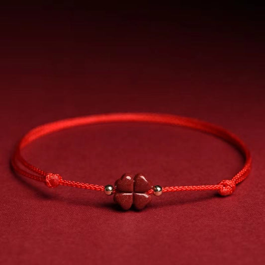 Ancient Tibetan Buddhist Red String Tradition Natural Cinnabar Four Leaf Clover Blessing Red String Bracelet Anklet