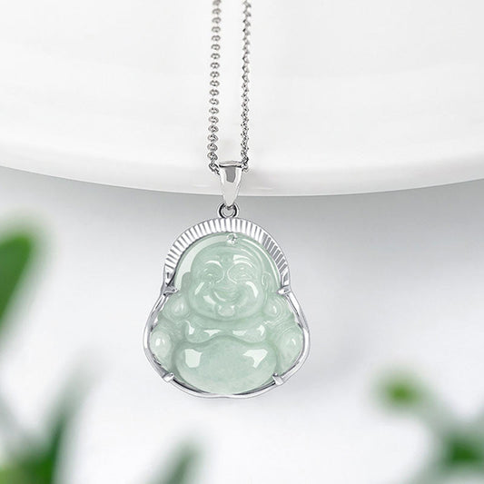 Jade 925 Sterling Silver Laughing Buddha Jade Luck Calm Necklace Chain Pendant