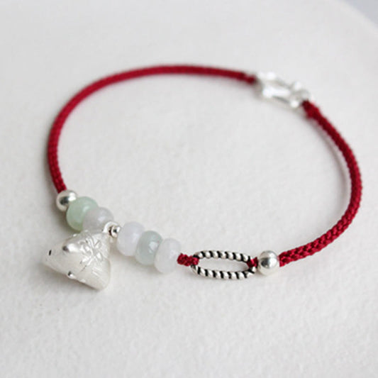 Ancient Tibetan Buddhist Red String Tradition 925 Sterling Silver Jade Red String Zongzi Charm Abundance Bracelet