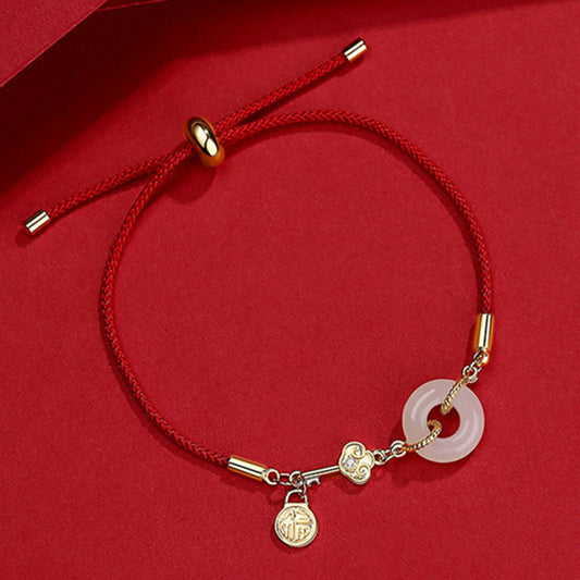 Ancient Tibetan Buddhist Red String Tradition 18K Gold Plated Hetian Jade Peace Buckle Fu Character Luck Red Rope Bracelet