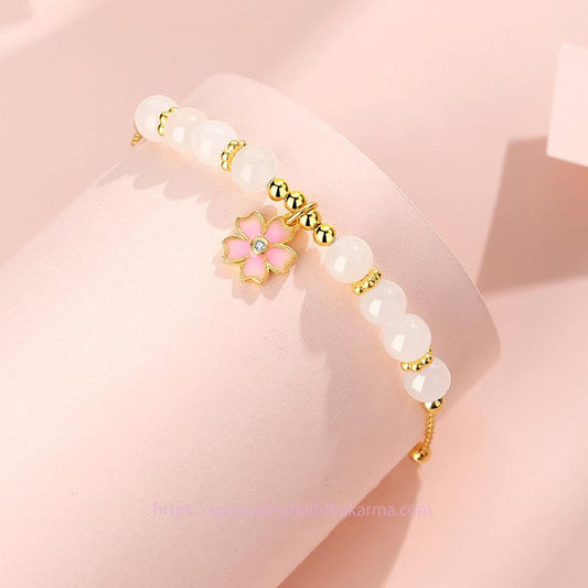 Jade 925 Sterling Silver Hetian White Jade Cherry Blossom Protection Bracelet