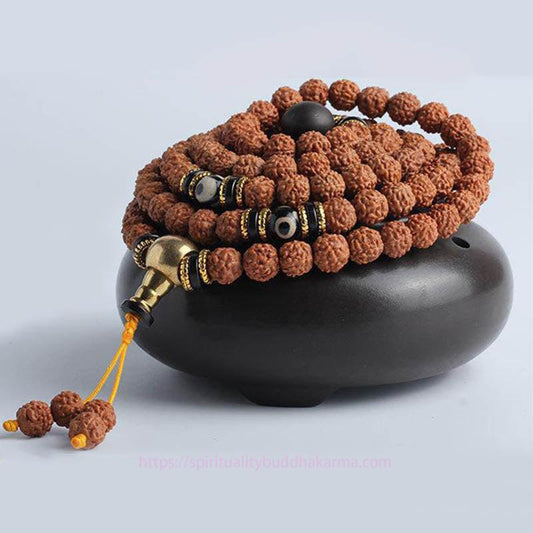 Spirituality Buddha Karma 108 Mala Beads Rudraksha Bodhi Seed Dzi Bead Luck Wealth Bracelet