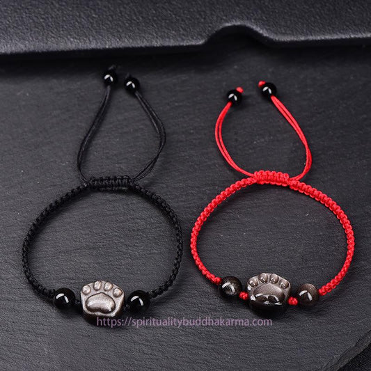 Ancient Tibetan Buddhist Red String Tradition Natural Silver Sheen Obsidian Gold Sheen Obsidian Cute Cat Paw Claw Protection Rope Bracelet
