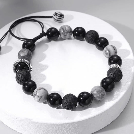 Spirituality Buddha Karma Vintage Lava Rock Black Obsidian Picasso Jasper Beads Support Rope Bracelet