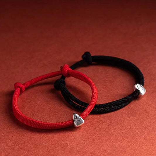 Ancient Tibetan Buddhist Red String Tradition 925 Sterling Silver Fu Character Blessing Handmade Braided Bracelet