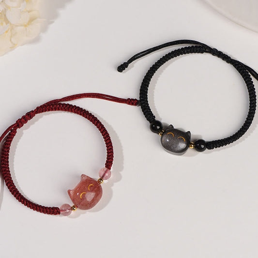 Ancient Tibetan Buddhist Red String Tradition Handmade Natural Silver Sheen Obsidian Strawberry Quartz Cute Cat Protection Braided Bracelet