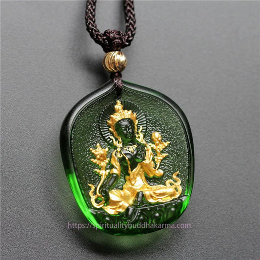Spirituality Tibetan Green Tara Buddha Gold Plated Liuli Crystal Protection Necklace Pendant