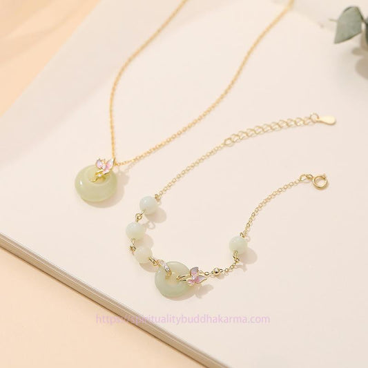 Jade 925 Sterling Silver Natural Hetian Jade Peace Buckle Orchid Luck Bracelet Necklace Pendant Set