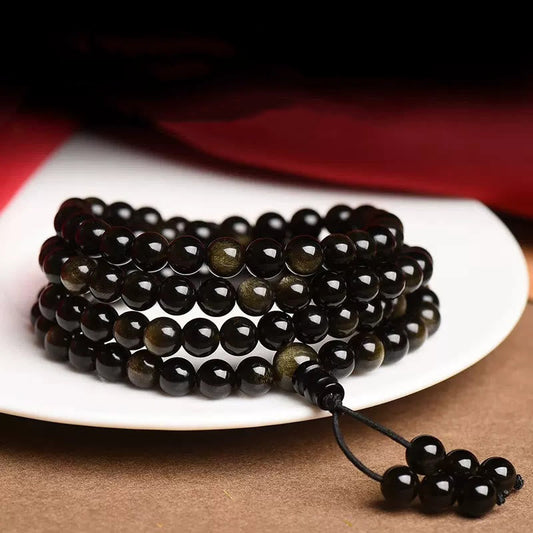 Spirituality Buddha Karma 108 Mala Beads Natural Gold Sheen Obsidian Wealth Bracelet