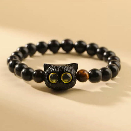 Ancient Tibetan Buddhist Red String Tradition Cute Ebony Wood Cat Head Pattern Peace Bracelet