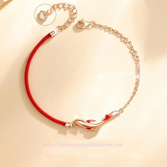 Ancient Tibetan Buddhist Red String Tradition 925 Sterling Silver Luck Koi Fish Lotus Star Braided Red String Bracelet
