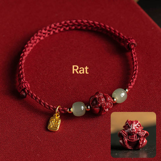Ancient Tibetan Buddhist Red String Tradition Natural Cinnabar Chinese Zodiac Hetian Jade Fu Character Luck Rope Bracelet