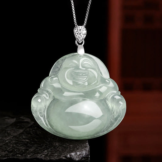Buddha Energy Necklace 925 Sterling Silver Natural Jade Laughing Buddha Prosperity Abundance Chain Necklace Pendant