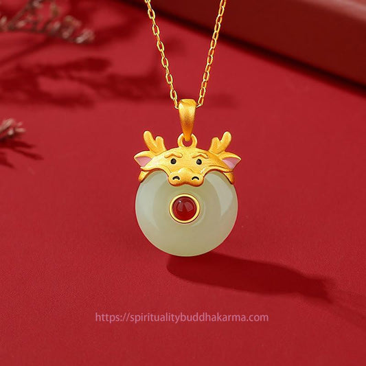 Jade 925 Sterling Silver Hetian Jade Chinese Zodiac Year of the Dragon Red Agate Luck Protection Necklace Pendant