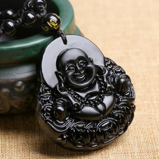 Spirituality Buddha Karma Laughing Buddha Black Obsidian Strength Protection Pendant Necklace