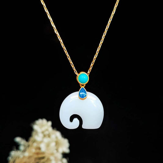 Jade White Jade Elephant Luck Fortune Necklace Pendant