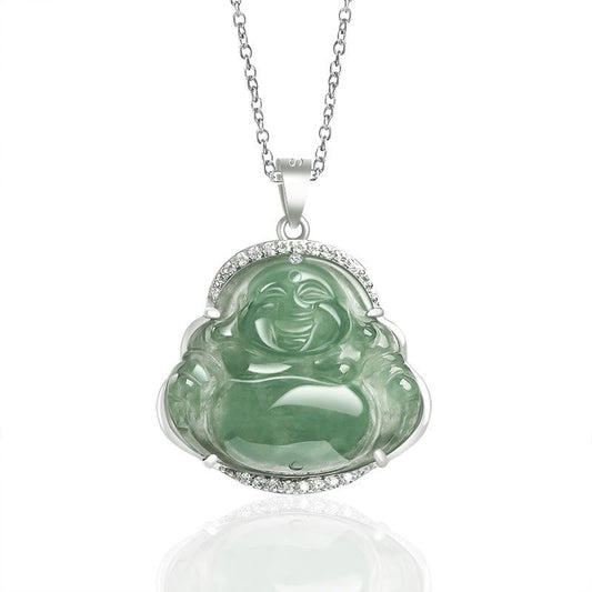 Buddha Energy Necklace 925 Sterling Silver Laughing Buddha Natural Jade Luck Prosperity Necklace Chain Pendant