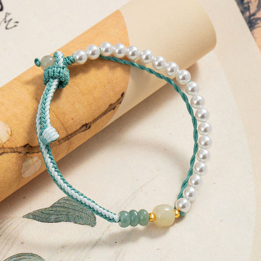 Ancient Tibetan Buddhist Red String Tradition 925 Sterling Silver Hetian Jade Braided Rope Pearl Abundance Bracelet