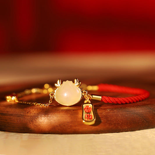 Ancient Tibetan Buddhist Red String Tradition 925 Sterling Silver Year Of The Dragon Hetian White Jade Chinese Steamed Bun Dragon Design Fortune Blessing Bracelet