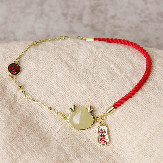 Ancient Tibetan Buddhist Red String Tradition 925 Sterling Silver Year Of The Dragon Hetian White Jade Chinese Steamed Bun Dragon Design Fortune Blessing Bracelet