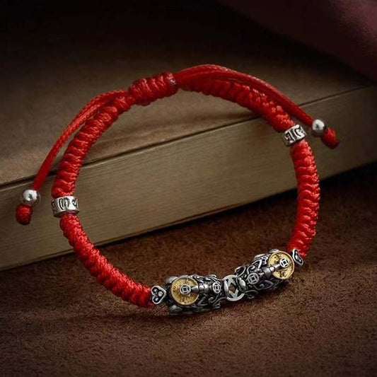 Ancient Tibetan Buddhist Red String Tradition 925 Sterling Silver PiXiu Prosperity String Braided Bracelet