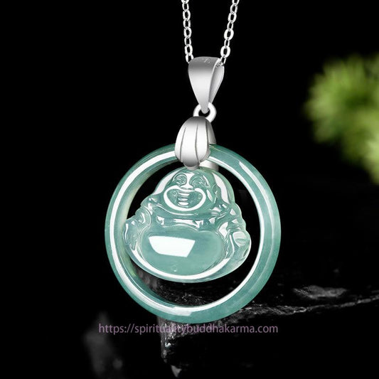 Buddha Energy Necklace 925 Sterling Silver Natural Jade Round Laughing Buddha Abundance Chain Necklace Pendant