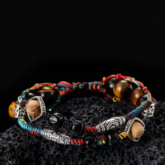 Ancient Tibetan Buddhist Red String Tradition 925 Sterling Silver Tiger's Eye Bodhi Seed Handmade Courage Bracelet