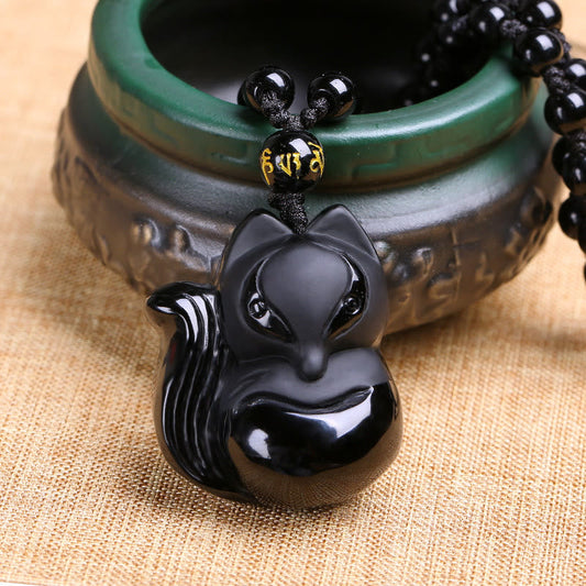 Spirituality Buddha Karma Natural Black Obsidian Tiger Eye Ice Obsidian Fox Pendant Amulet Necklace