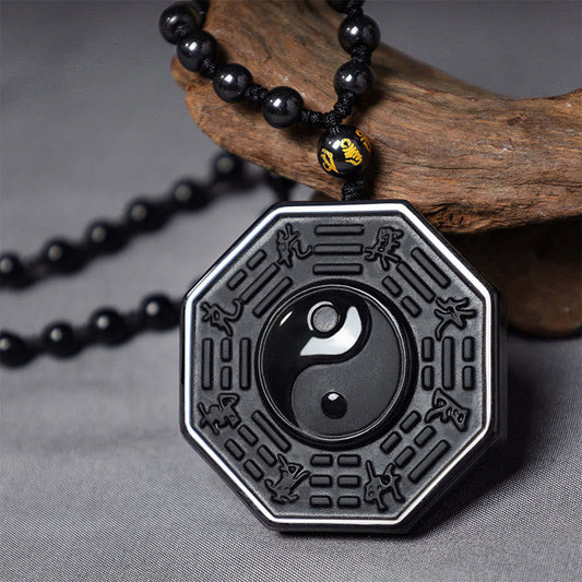 Spirituality Buddha Karma Black Obsidian Stone Yin Yang Pendant Necklace
