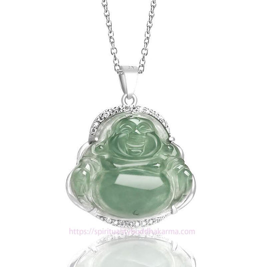 Buddha Energy Necklace 925 Sterling Silver Laughing Buddha Natural Jade Luck Prosperity Necklace Chain Pendant