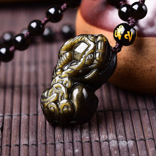 Spirituality Buddha Karma FengShui Gold Sheen Obsidian PiXiu Wealth Necklace